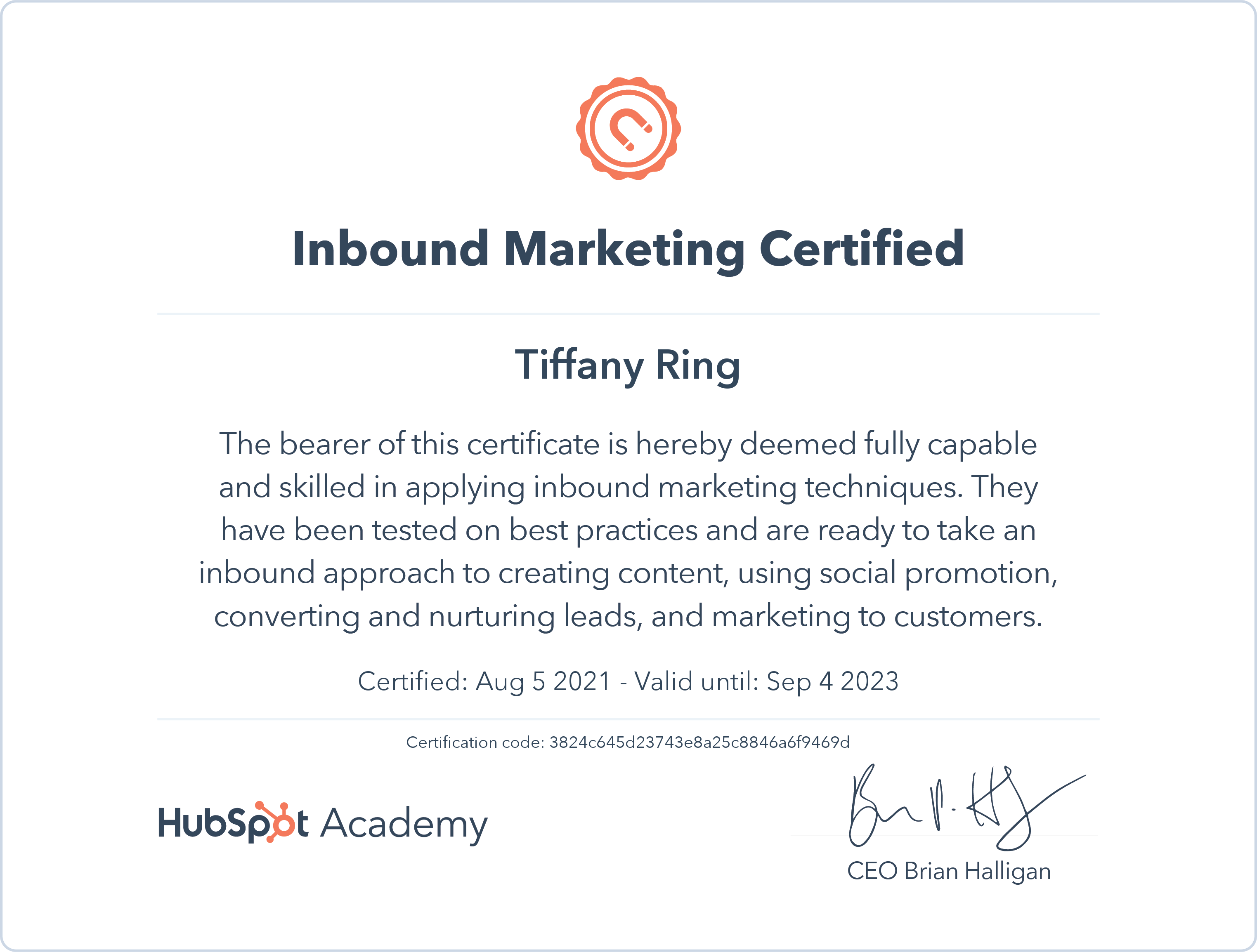 Tiffany Ring Inbound Marketing Certified
