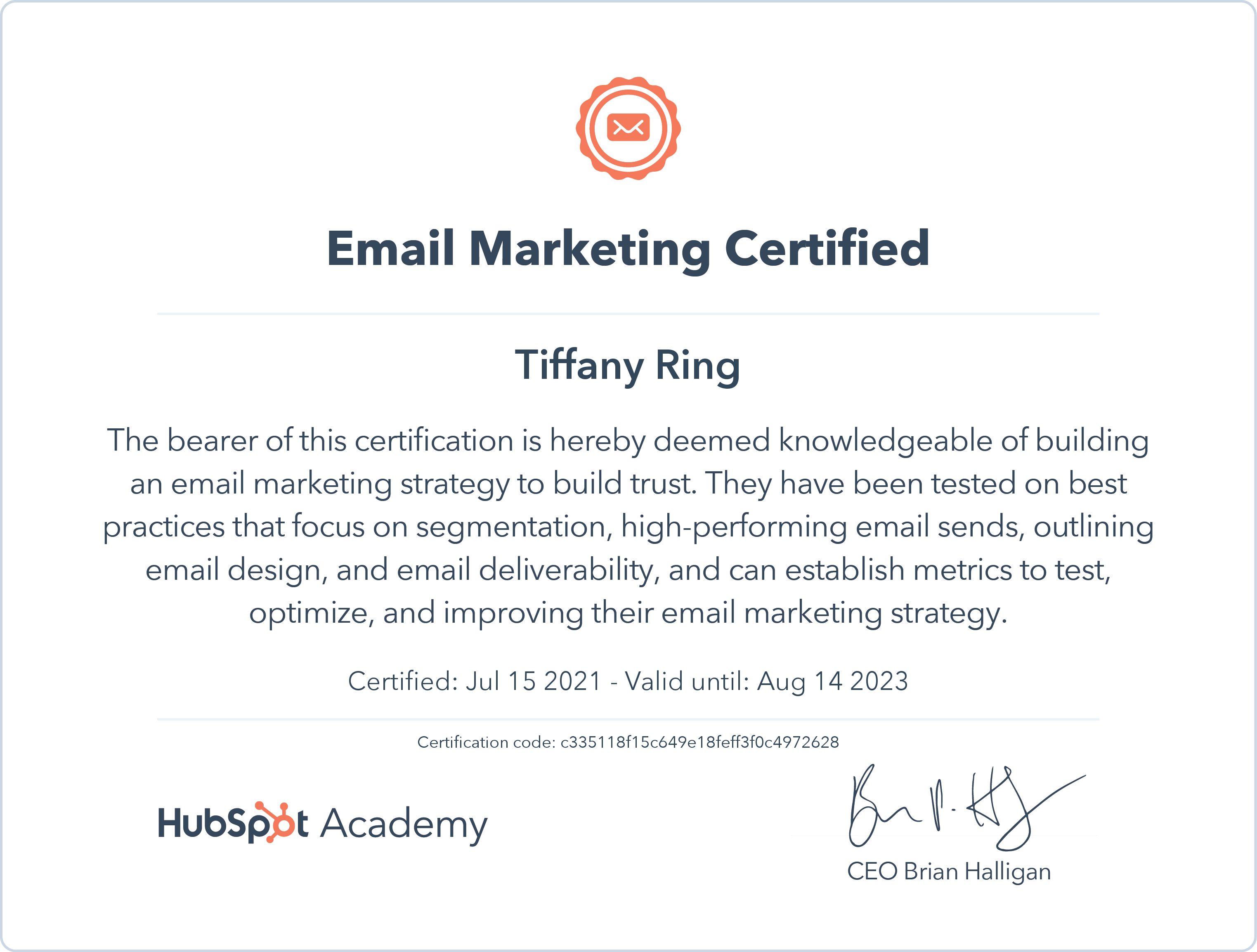 Tiffany Ring Email Marketing Certified